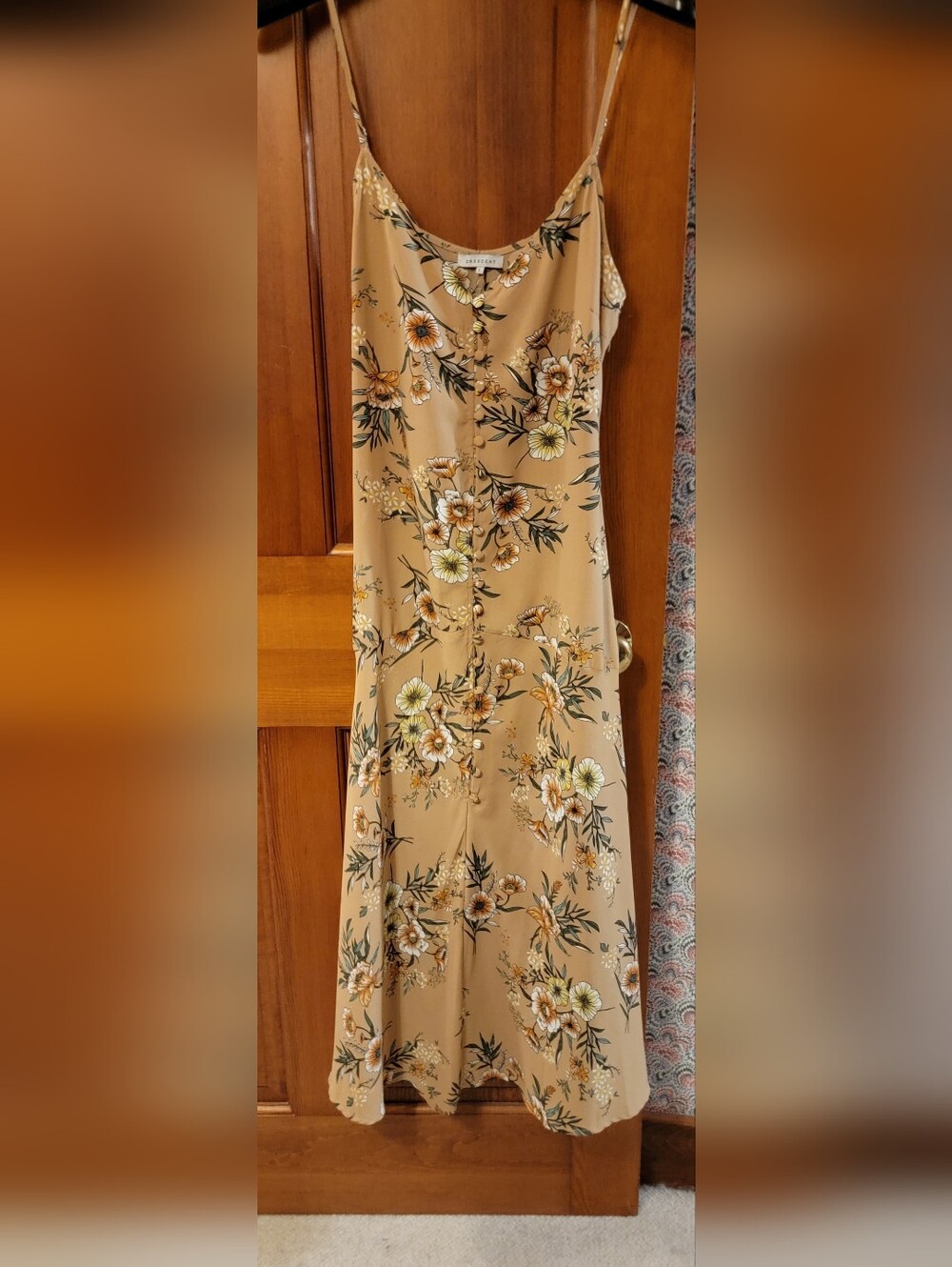 Crescent Boho Floral Midi Slip Dress Tan Mustard Button Front Size Large
